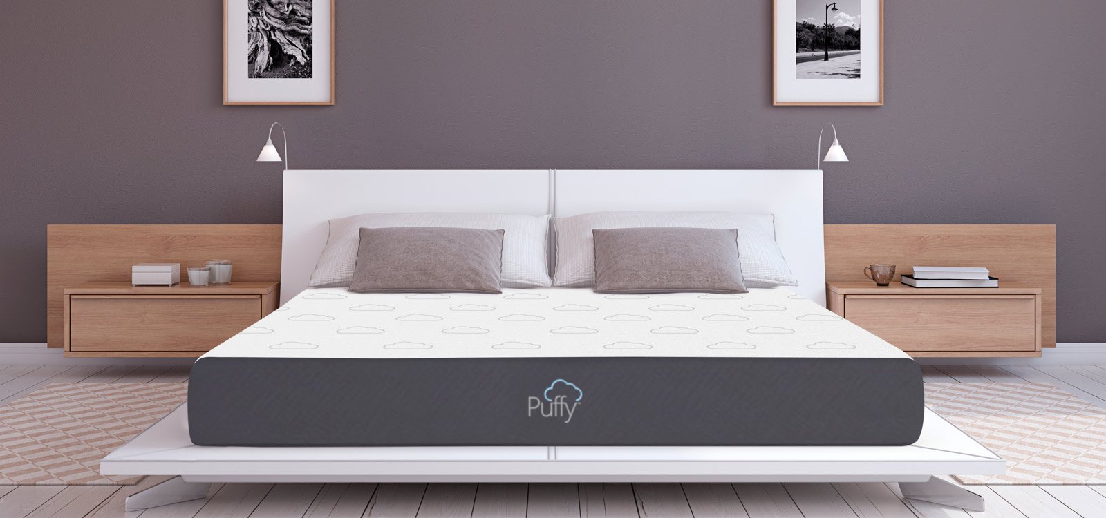 Image of a puffy mattress centered in a wide bedroom.